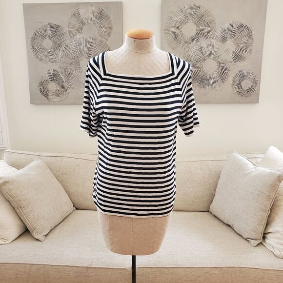 TALBOTS Navy/ White Stripe Short Sleeve Top Size Medium - Picture 1 of 9